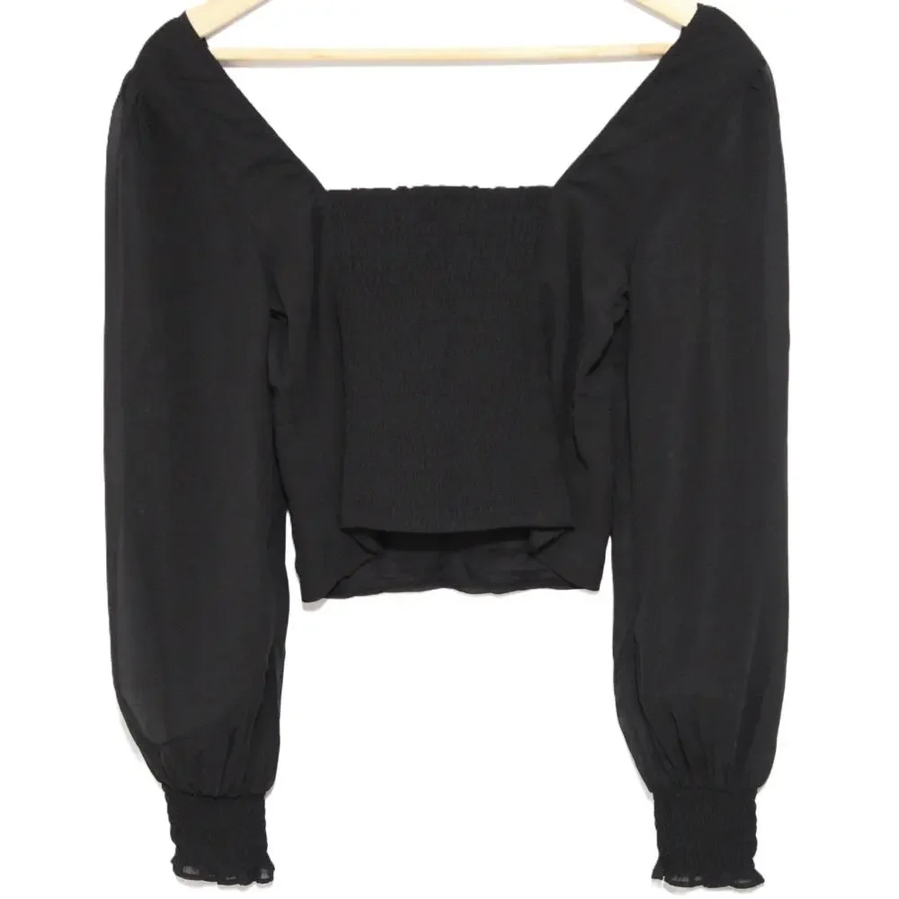 NWT Abercrombie & Fitch Black Ruched Long Sleeve Cropped Crop Top Size Small NEW